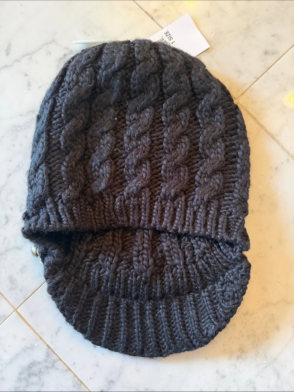 Michael Kors Black Cable Knit Visor Hat with Silver Chain